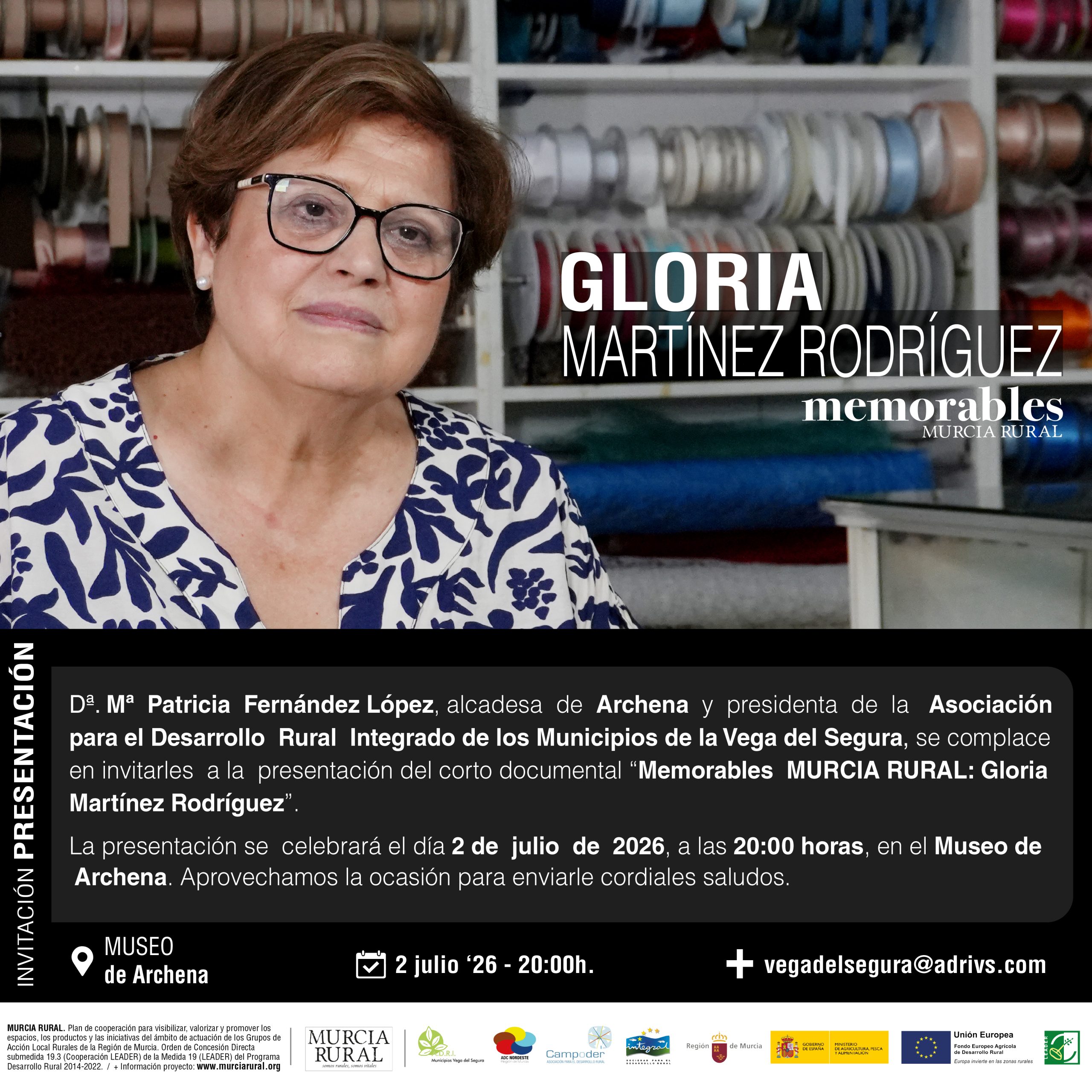 ADRI Vega del Segura presenta en Archena el documental «Memorables Murcia Rural: Gloria Martínez Rodríguez»